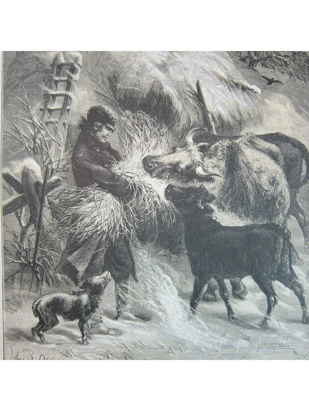 Antique 1873 Wood Engraving Print Christmas in the Fields, John S. Davis, Aldine